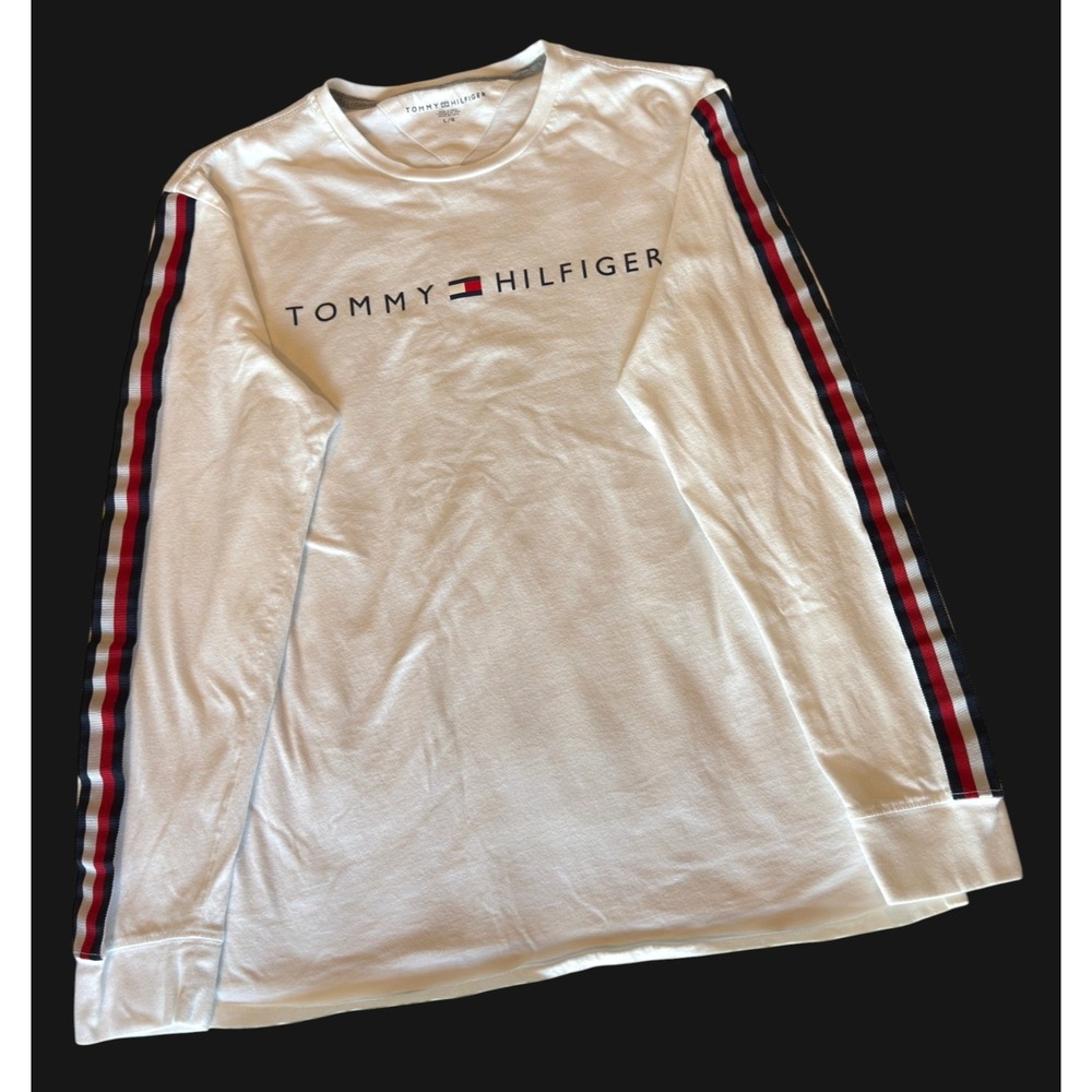 Tommy Hilfiger Men's Large White Long Sleeve 100% Cotton Logo Tee Banner Stripes